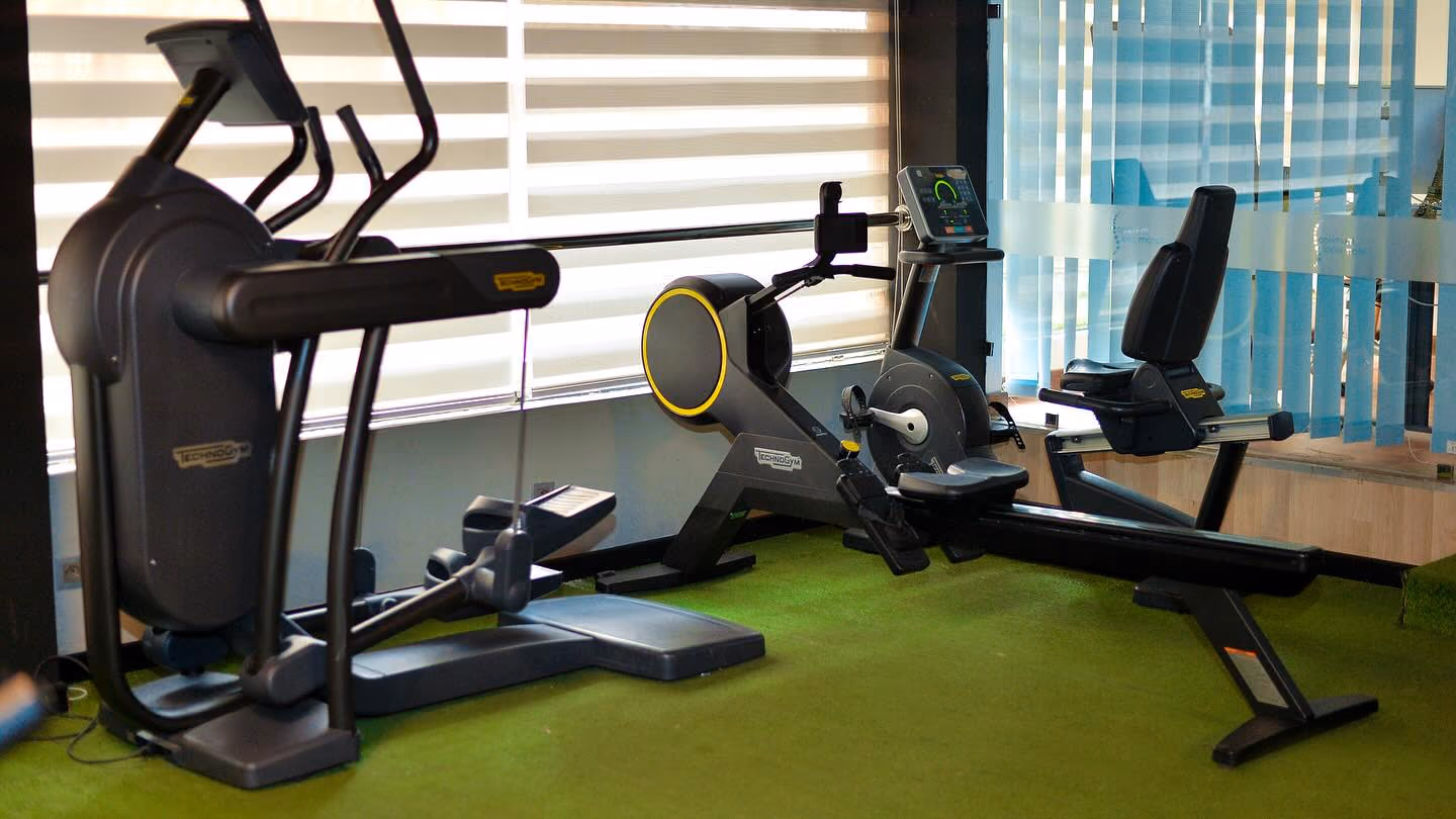 Elliptique et rameur Technogym sur gazon, devant les fenêtres