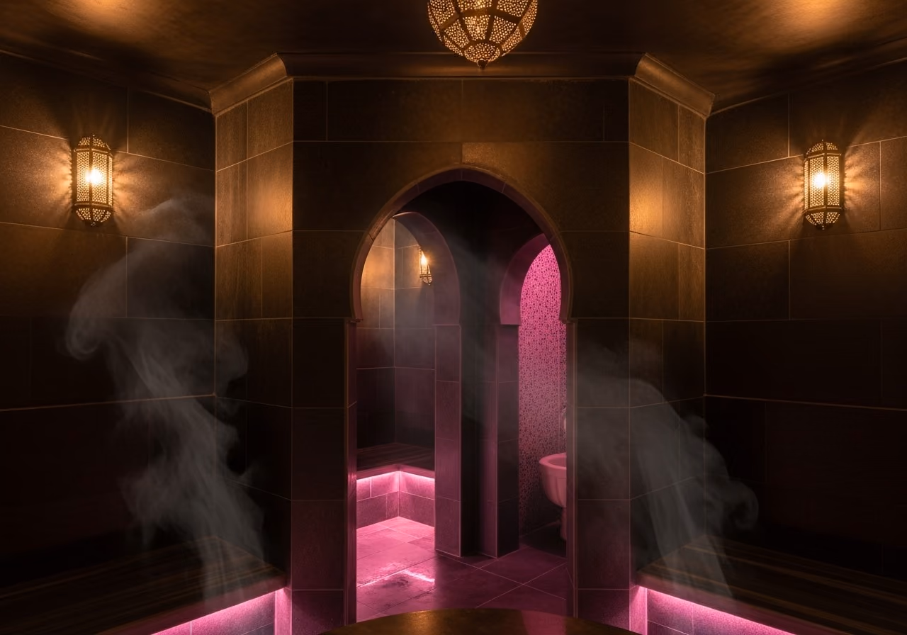 Hammam traditionnel aux arches éclairées